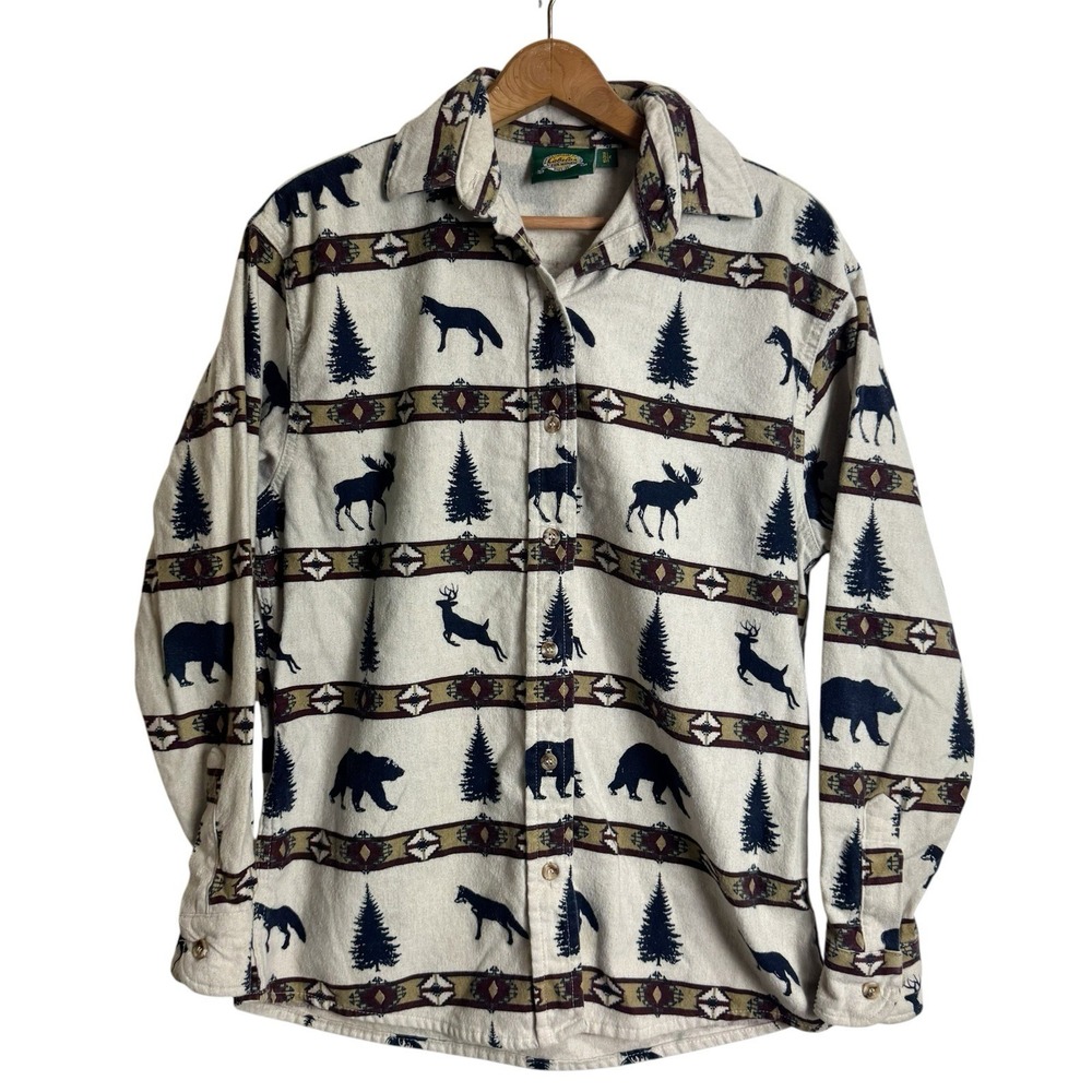 Vintage Cabelas Shirt M USA Made Aztec Animal Moose Fox Bear Deer Native Navajo